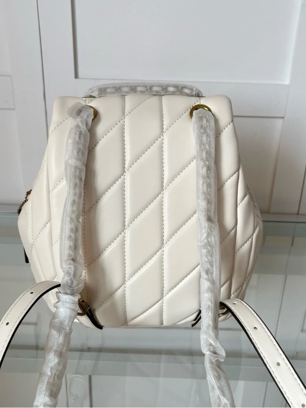 Coach Cream Quilted Leather Backpack with Gold C-Clasp